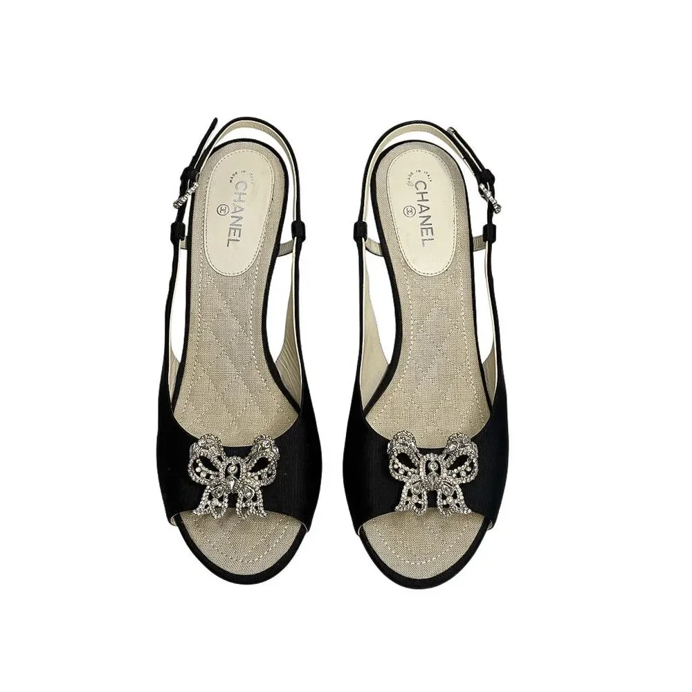 Chanel Slingback Sandal Grosgrain Crystal CC Logo Bow Heels EU 38 Black Peep Toe - Picture 2 of 12